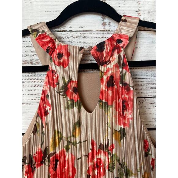 FLORAL SLEEVELESS COCKTAIL DRESS Crochet Knee Length Satiny Feminine - Picture 6 of 12